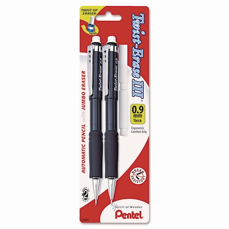 Pentel Twist-Erase III Mechanical Pencil, 0.9 mm, HB #2, Black Lead, Assorted Barrel Colors, 2PK QE519BP2