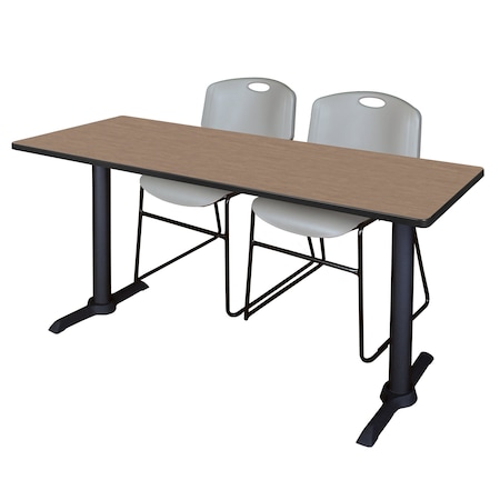 Regency Cain T-Base Training Seminar Table W/ 2 Zeng Stack Chairs, 66 in W, 24 in L, Noble Oak MTRCT6624NO44GY