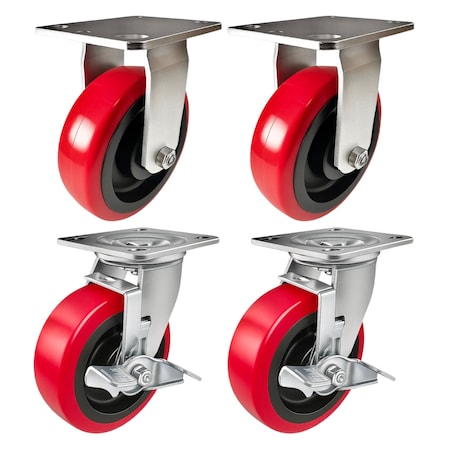 Hyw Products Heavy Duty Caster Set 6in Polyurethane on Plastic Wheels, 2 Rigid & 2 Swivel with Brake, 4PK 40-60R-A1-PU-2,40-60S-A1-PU-TB-2