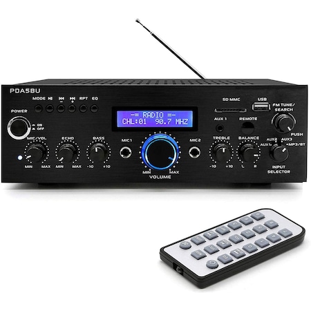 Pyle Pyle Wireless Bluetooth Power Amplifier - 200W, Audio Stereo Receiver with USB, AUX, FM, Mic Inputs PDA5BU