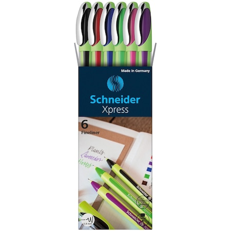 Schneider Pen Xpress Fineliner Pens, 0.8 mm, 6-Color Assortment (Black, Red, Blue, Green, Violet, Pink) 190086