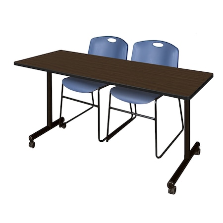 Regency Kobe Mobile T-Base Training Table W/ 2 Zeng Stack Chairs, 72 in W, 24 in L, Neo Walnut MKTRCC7224NW44BE