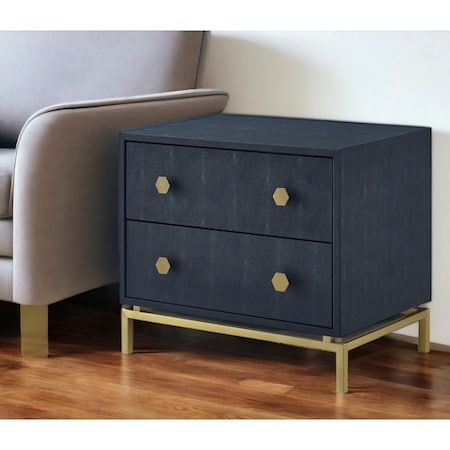 Homeroots 21" Navy Blue and Gold Faux Leather Wood and Metal End Table With Two Drawers 544089