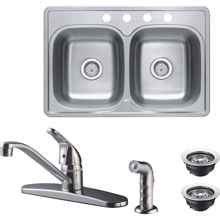 Cmi Compass Manufacturing Double Bowl 33'' x 22'' x 8'' Sink Kit with 1-Handle Faucet 712-8291