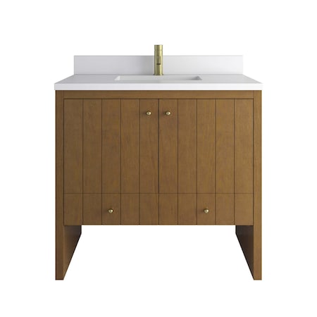 James Martin Vanities Hudson 36" Sgl Vanity, Honey Oak w/ Sgl Hole 3 CM White Zeus Silestone Top and Matching Backsplash 435-V36-HNO-1WZ