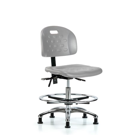 Blue Ridge Ergonomics Poly Chair Chrome-Medium Bench Height with Seat Tilt, Chrome Foot Ring, &Stat Glides in Gray Poly HPMBCH-CR-T1-A0-CF-RG-GRY