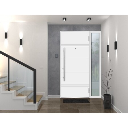 Vdomdoors Steel Door Deux 1705 White Enamel Sidelight Exterior Black Window Stainless Inserts Single Modern P DEUX1705EXD-BEM-W36+14 x H80-Left-hand Inswing