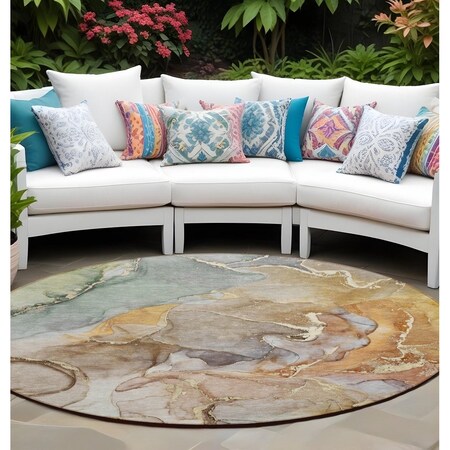 Homeroots 8' Round Gray and Gold Round Abstract Washable Non Skid Indoor Outdoor Area Rug 559164