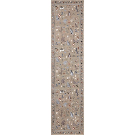 Jonathan Y Catmosphere Festive Feline Floral Border Non-Slip Machine-Washable Tan 2 ft. x 8 ft. Runner Rug ANM100A-28