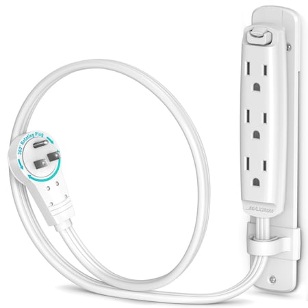 Maximm 1ft 16AWG 3-Outlet 360 degrees Flat Plug Extension Cord w/ Bracket, UL, White ADW-360-C3F01-16W0-WM