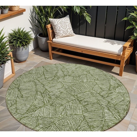 Homeroots 8' Olive Green And Light Green Round Floral Washable Indoor Outdoor Area Rug 594649