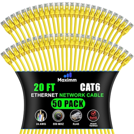 Maximm Cat6 Ethernet Cable 20ft 10Gbps 550MHz UTP, 50PK, Yellow, 50PK CAT6CCA-20YL-50PK