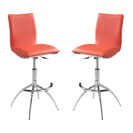 Homeroots Set of Two Orange and Silver Faux Leather and Metal Low Back Adjustable Height Bar Chairs, 2PK 555028