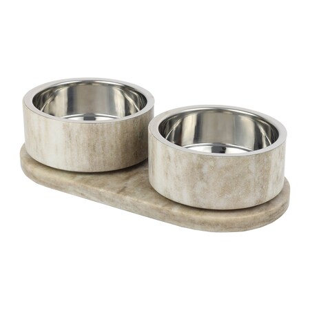 The Licker Store Marbre Small/Medium Modern Weighted Double Marble and Stainless Steel Bowl 12oz (1.5 Cups) Feeder DBL1000E