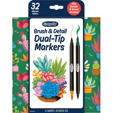 Crayola Brush & Detail Dual-Tip Markers, 32 Colors in 16 Markers 58-6755
