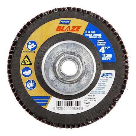 Norton Co Flap Disc: 5/8-11 Hole, 36 Grit, Ceramic Alumina, Type 27 66254499894