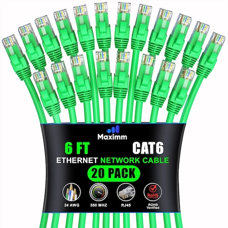 Maximm Cat6 Ethernet Cable 6ft 10Gbps 550MHz UTP, 20PK, Green, 20PK CAT6CCA-6GN-20PK