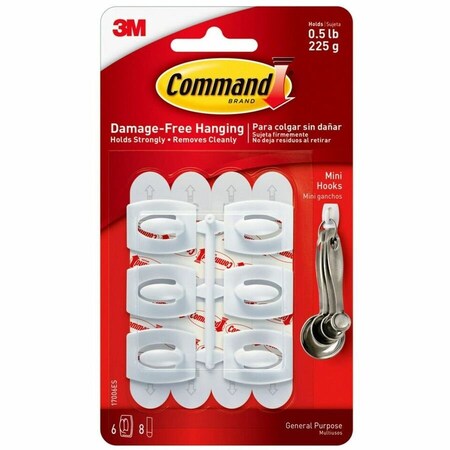 Command Mini White Hooks with White Strips, White, 6PK MMM17006