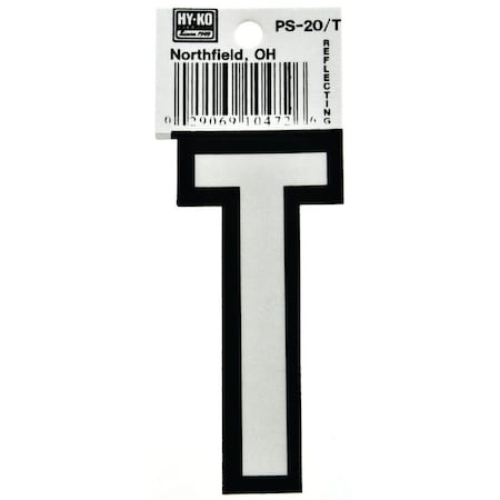 Hy-Ko Reflective Letter, Character: T, 3-1/4 in H Character, Black/White Character, Vinyl PS-20/T