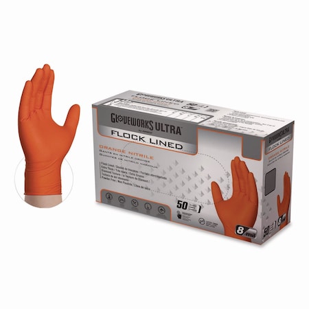Gloveworks By Ammex Ultra Industrial Flock-Lined Nitrile Disposable Gloves, Medium, 8 mil Thick, 9.06" L, Orange, 500PK GWUOFN44050