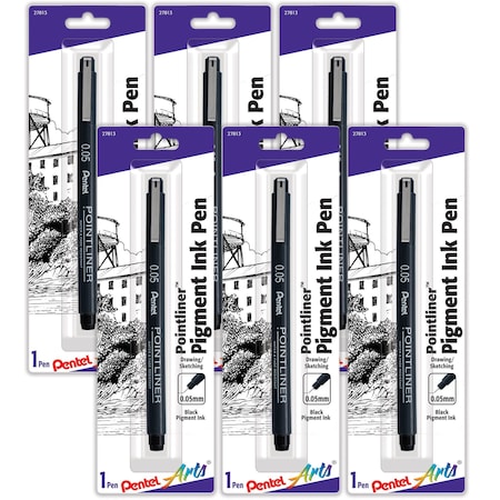 Pentel Pointliner Pen, 0.05mm, Black Pigment Ink, 6PK S20P05BPA