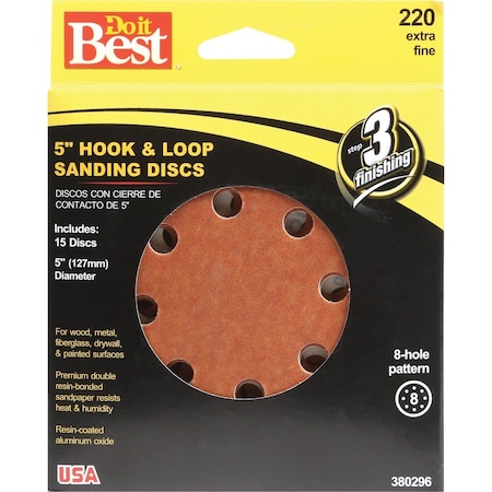 Do It Best 5'' 220-Grit 8-Hole Pattern Vented Sanding Disc with Hook & Loop Backing, 15PK 380296GA