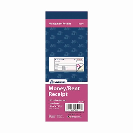 Adams Business Forms Money/Rent Receipt Book, Two-Part Carbonless, 6.69 x 2.75, 250PK DC2701
