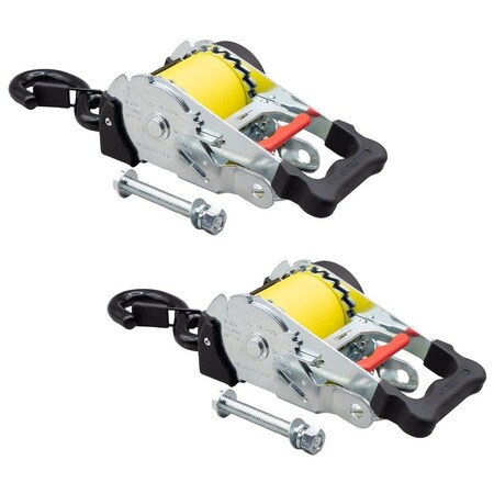 Mytee Products 2inx 9.2ft Bolt on Yellow Retractable Ratchet Straps for Cargo - Coated S Hook Auto Retract, 2PK RS210R-BOx2