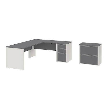 Bestar L Shaped Desk L-Shaped Workstation, 71-1/8" D X 30-3/8" H, 82-3/4" W X Melamine, Slate/Sandstone 93883-59