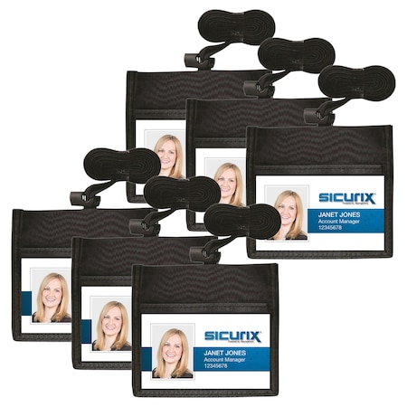 Sicurix ID Neck Pouch Badge Holder, Horizontal, Adjustable Cord, 4in x 2-1/4in Insert, Black, 6PK 55110