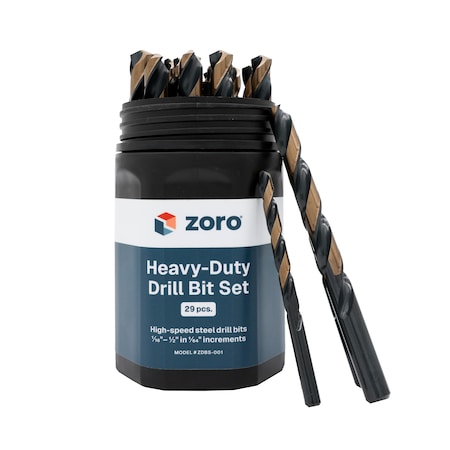 Zoro 29-Piece Heavy-Duty Jobber Length Drill Bit Set, M2 Premium HSS, 1/16" - 1/2", Black/Gold Finish ZDBS-001