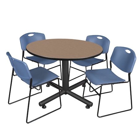 Regency Round Kobe Breakroom Table W/ 4 Zeng Stack Chairs, 48 in W, 48 in L, Noble Oak TKB48RNDNO44BE