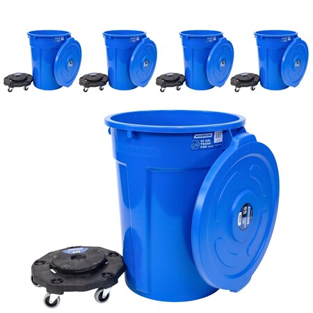 Magnum Tool Blue 55 Gallon Trash Can Set, Trash Can, Quiet Dolly, and Reinforced Lid, 5 Set CMTC-CLD0-55B05