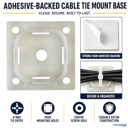 Kable Kontrol Adhesive Cable Tie Mounts, 1-1/2" Sq, Natural Nylon, PK100 PK100 CT285