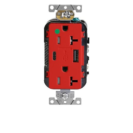 Leviton USB Receptacle, 20 A, 1/2 hp, Red T5833-HGR