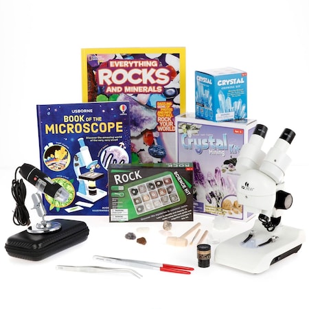 Amscope Kid's Natural Gemstone Explorer Set featuring Deluxe All-In-One Stereo Microscope, Ultimate Natural KVB-GEM-122-EXP