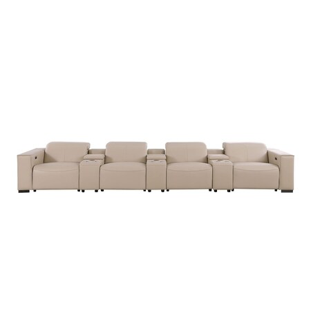Homeroots 179" Beige Top Grain Leather Reclining Metal USB Sofa 720317