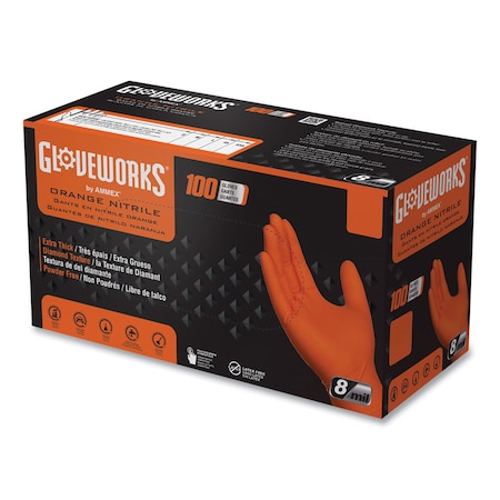 Gloveworks By Ammex Heavy-Duty Industrial Nitrile Gloves, Powder-Free, 8 mil, Medium, Orange, 100PK GWON44100