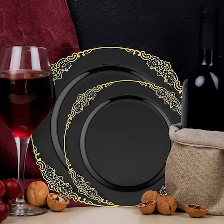 Smarty Had A Party Black with Gold Fancy Round Disposable Plastic Dinnerware Value Set, 240PK 8880-BGVP-CASE