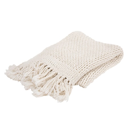 Homeroots 50" X 60" White Cotton Knitted Throw Blanket with Fringe 519074