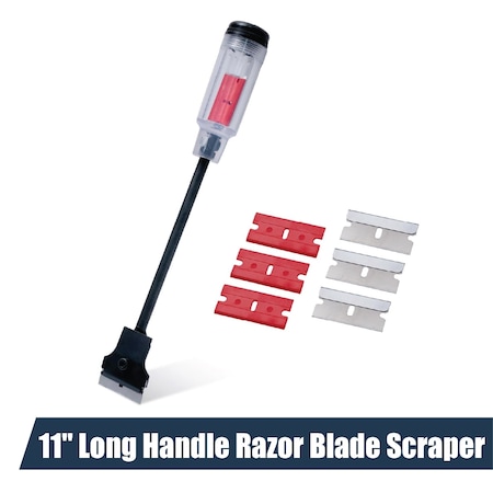 Powertec Long Handle Razor Blade Scraper, 11" Extension Scraper, 3 Plastic Blades & 3 Metal Blades 72301
