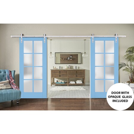 Sartodoors Sturdy Double Barn Door with Frosted Glass 48x96 (2* 24x96) Solid Core Modern Interior VEREGIO7412DB-S-AQU-4896