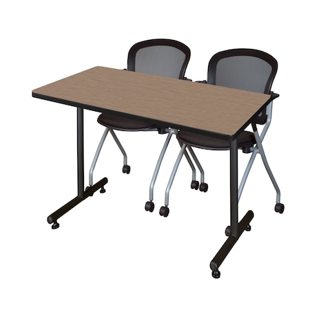 Regency Kobe T-Base Training Seminar Table W/ 2 Cadence Stack Chairs, 48 in W, 30 in L, Noble Oak MKTRCT4830NO23BK