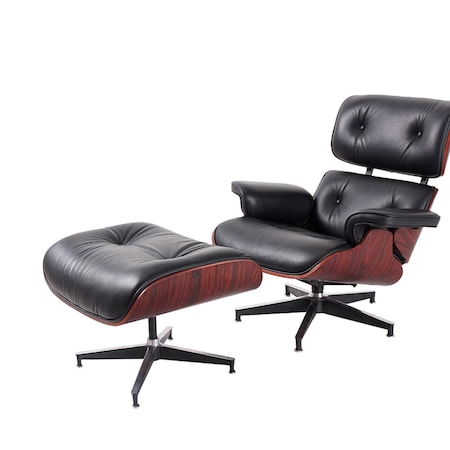 Homeroots 35" Black and Dark Brown Genuine Leather Tufted Swivel Lounge Chair With Ottoman 526372
