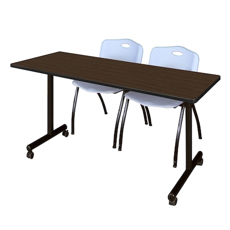 Regency Kobe Mobile T-Base Training Table W/ 2 M Stack Chairs, 66 in W, 24 in L, Neo Walnut MKTRCC6624NW47GY