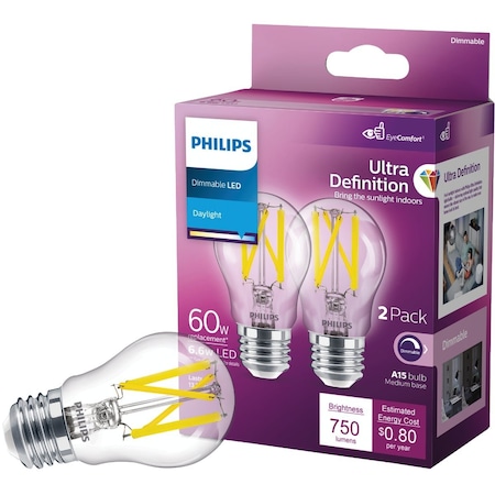 Signify Ultra Definition 60W Equivalent Daylight A15 Medium Dimmable LED Light Bulb, 2PK 573402