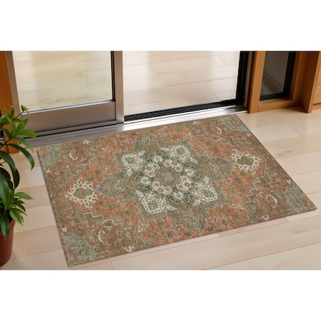 Homeroots 3' X 5' Rust Green And Brown Oriental Washable Indoor Outdoor Area Rug 600186
