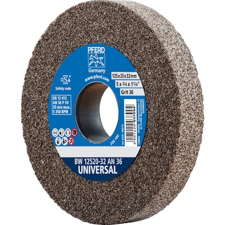 Pferd PFERD Vitrified Bench Wheel, UNIVERSAL, 5in x 3/4 x 1-1/4, 36 Grit, Aluminum Oxide 61670