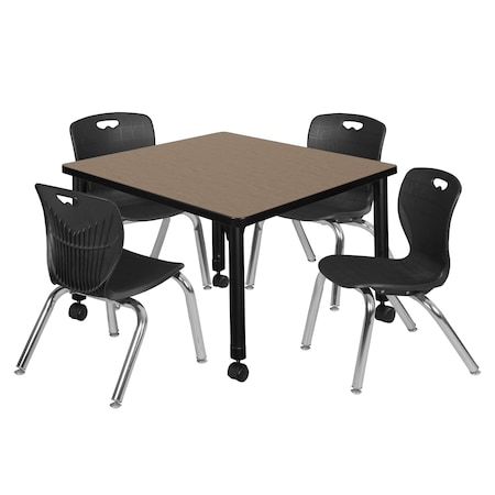Regency Square Kee Mobile Adjustable Classroom Table W/ 4 Andy Chairs, 30 in W, 30 in L, Noble Oak TB3030NOAPCBK45BK