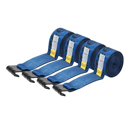 Mytee Products Winch Straps 4in x 30ft Blue Heavy Duty Tie down w/ Flat Hooks WLL# 5400 lbs, 4PK WS430Bx4